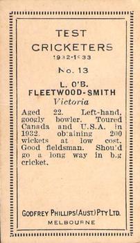 1932 Godfrey Phillips Test Cricketers #13 Chuck Fleetwood-Smith Back