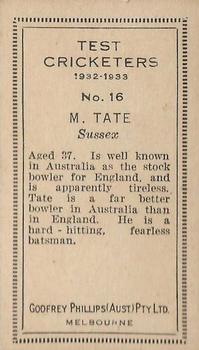 1932 Godfrey Phillips Test Cricketers #16 Maurice Tate Back