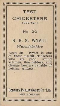 1932 Godfrey Phillips Test Cricketers #20 Robert E.S. Wyatt Back