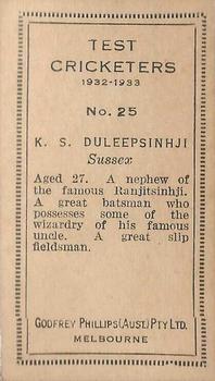 1932 Godfrey Phillips Test Cricketers #25 K. S. Duleepsinhji Back