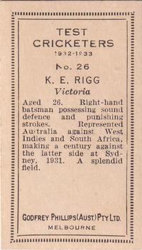 1932 Godfrey Phillips Test Cricketers #26 Keith Rigg Back