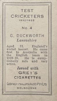 1932 Godfrey Phillips Test Cricketers #4 George Duckworth Back