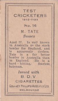 1932 Godfrey Phillips Test Cricketers #16 Maurice Tate Back