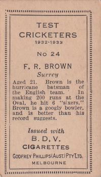 1932 Godfrey Phillips Test Cricketers #24 Freddie Brown Back