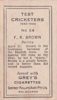 1932 Godfrey Phillips Test Cricketers #24 Freddie Brown Back