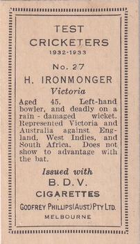 1932 Godfrey Phillips Test Cricketers #27 Bert Ironmonger Back