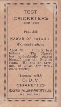 1932 Godfrey Phillips Test Cricketers #35 Nawab of Pataudi Back
