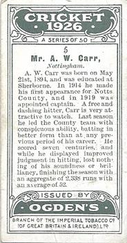 1926 Ogden's Cricket #5 Arthur Carr Back