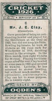 1926 Ogden's Cricket #6 John Clay Back