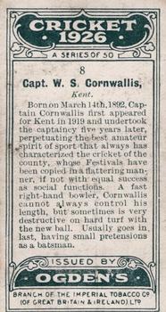 1926 Ogden's Cricket #8 Wykeham Cornwallis Back