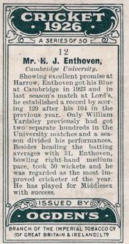 1926 Ogden's Cricket #12 Tom Enthoven Back