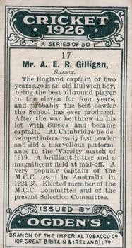 1926 Ogden's Cricket #17 Arthur Gilligan Back