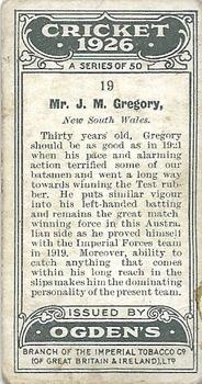 1926 Ogden's Cricket #19 Jack Gregory Back