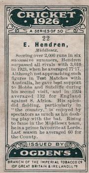 1926 Ogden's Cricket #22 Patsy Hendren Back