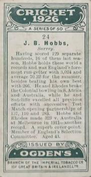 1926 Ogden's Cricket #24 Jack Hobbs Back