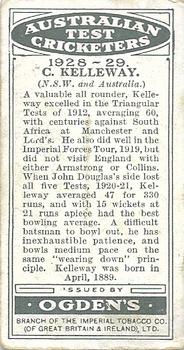 1928-29 Ogden's Australian Test Cricketers #NNO Charlie Kelleway Back