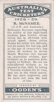 1928-29 Ogden's Australian Test Cricketers #NNO Ray McNamee Back