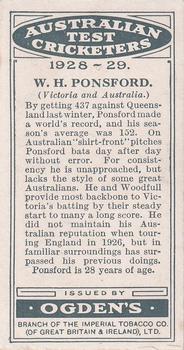 1928-29 Ogden's Australian Test Cricketers #NNO Bill Ponsford Back