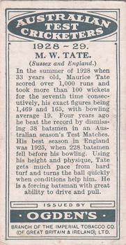 1928-29 Ogden's Australian Test Cricketers #NNO Maurice Tate Back