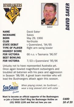1999-00 Victorian Bushrangers Cricket #16 David Saker Back