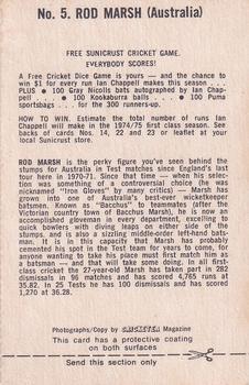 1974 Sunicrust Cricket #5 Rod Marsh Back