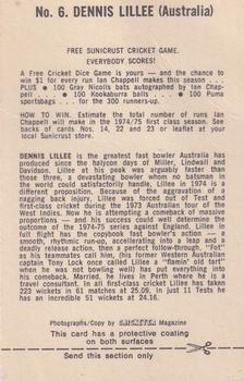 1974 Sunicrust Cricket #6 Dennis Lillee Back