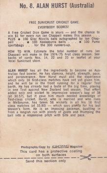 1974 Sunicrust Cricket #8 Alan Hurst Back