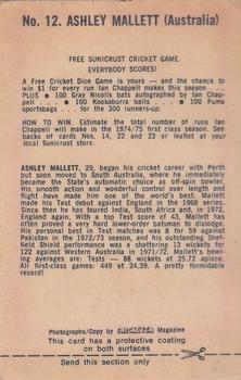 1974 Sunicrust Cricket #12 Ashley Mallett Back