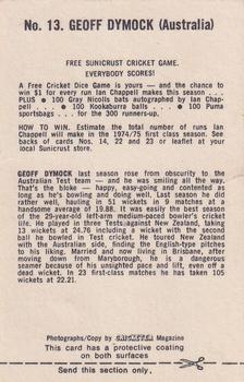 1974 Sunicrust Cricket #13 Geoff Dymock Back