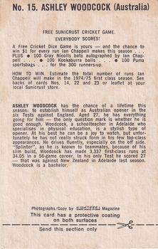 1974 Sunicrust Cricket #15 Ashley Woodcock Back