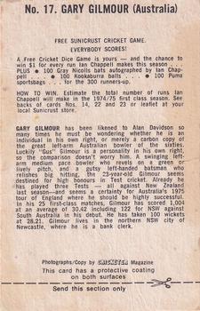 1974 Sunicrust Cricket #17 Gary Gilmour Back