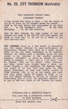 1974 Sunicrust Cricket #20 Jeff Thomson Back