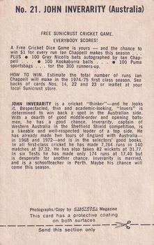 1974 Sunicrust Cricket #21 John Inverarity Back