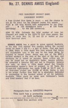 1974 Sunicrust Cricket #27 Dennis Amiss Back