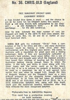 1974 Sunicrust Cricket #36 Chris Old Back