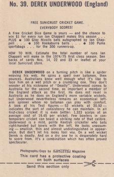 1974 Sunicrust Cricket #39 Derek Underwood Back