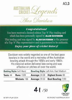 2014 Tap 'N' Play Australian Cricket Legends #ACL3 Alan Davidson Back