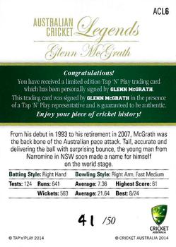 2014 Tap 'N' Play Australian Cricket Legends #ACL6 Glenn McGrath Back