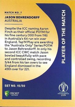 2019 Tap 'N' Play Cricket World Cup Australian Players of the Match #7 Jason Behrendorff Back