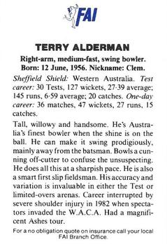 1989-90 FAI Australian Cricket Team Season 1989-1990 #3 Terry Alderman Back