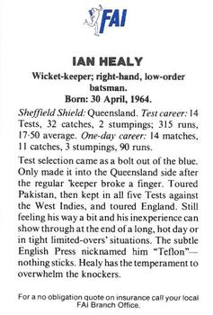 1989-90 FAI Australian Cricket Team Season 1989-1990 #7 Ian Healy Back