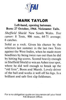 1989-90 FAI Australian Cricket Team Season 1989-1990 #10 Mark Taylor Back