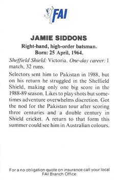 1989-90 FAI Australian Cricket Team Season 1989-1990 #20 Jamie Siddons Back