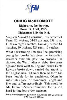 1989-90 FAI Australian Cricket Team Season 1989-1990 #21 Craig McDermott Back