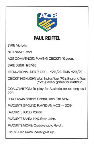 1995-96 Australian Cricket Board Players #NNO Paul Reiffel Back