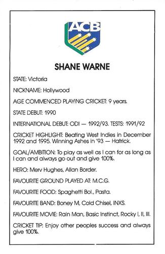 1995-96 Australian Cricket Board Players #NNO Shane Warne Back