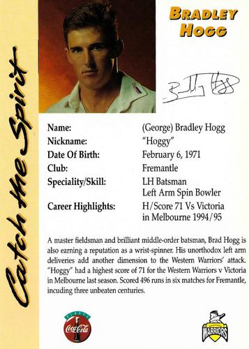 1995-96 Western Warriors Cricket Catch The Spirit #NNO Bradley Hogg Back