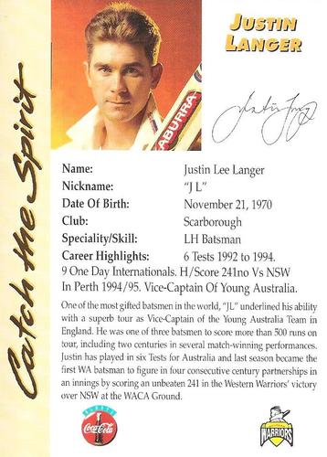 1995-96 Western Warriors Cricket Catch The Spirit #NNO Justin Langer Back