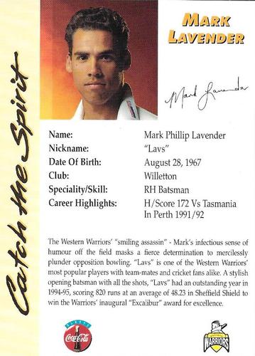 1995-96 Western Warriors Cricket Catch The Spirit #NNO Mark Lavender Back