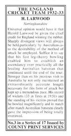 1995 County Print Services The England Cricket Team 1932-33 #3 Harold Larwood Back